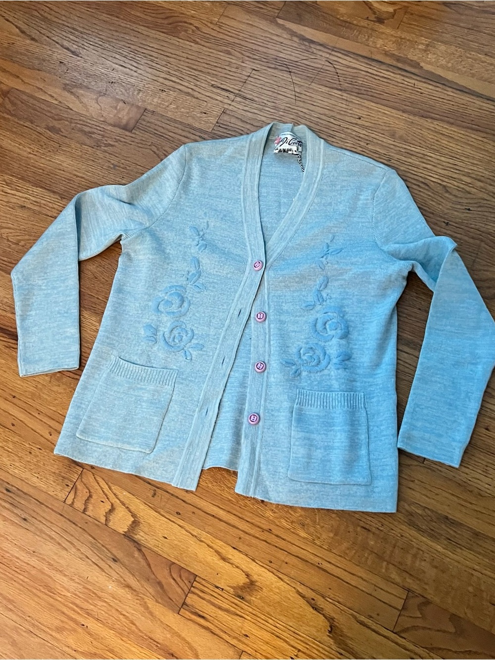 Vintage Light Blue Floral Knit Cardigan Sweater